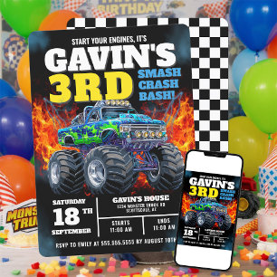 Invitación Monster Truck Guay Blue 3 cumpleaños personalizado