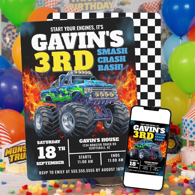 Invitación Monster Truck Guay Blue 3 cumpleaños personalizado (Subido por el creador)