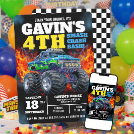 Invitación Monster Truck Guay Blue 4cumpleaños personalizado