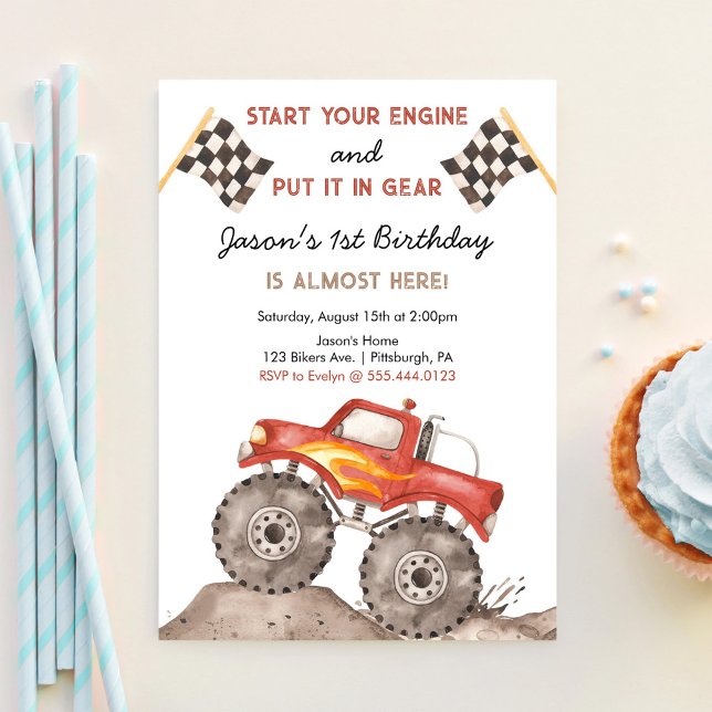 Invitación Monster Truck, inicia tu motor de niños primer cum (Subido por el creador)