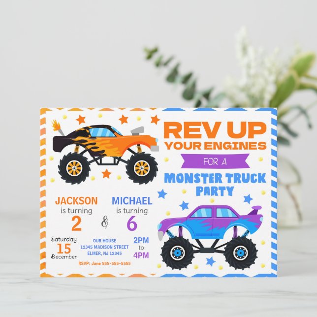 Invitación Monster Truck Joint Birthday Invitation Siblings (Anverso de pie)