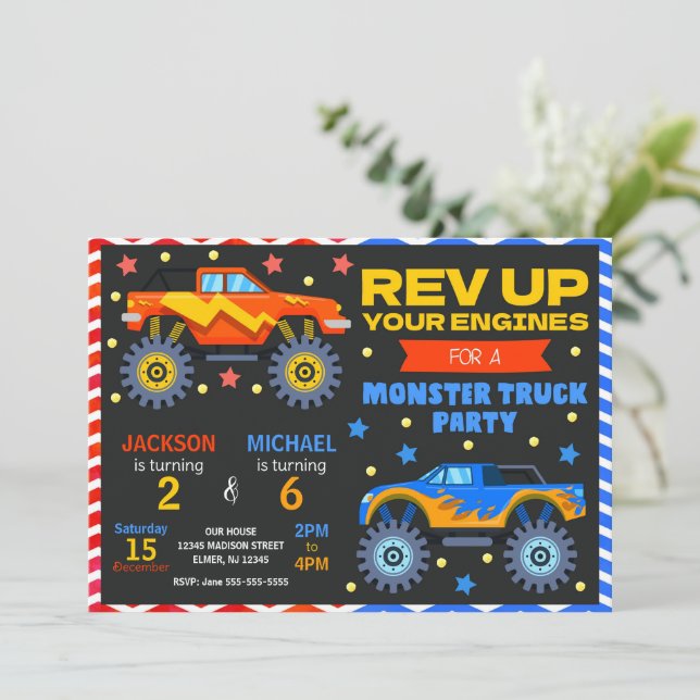 Invitación Monster Truck Joint Birthday Invitation Siblings (Anverso de pie)