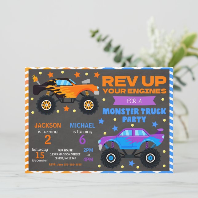 Invitación Monster Truck Joint Birthday Invitation Siblings (Anverso de pie)