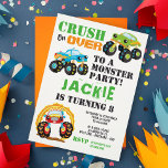 Invitación Monster Truck Kids Fiesta de cumpleaños<br><div class="desc">Monster Truck Kids Fiesta de cumpleaños - ¡Empieza tus motores y aplasta a un fiesta de camión monstruo! Todo aumenta con esta impresionante invitación pesada. Con fuertes camiones monstruo en el fondo de un pizarrón. En la parte trasera de la tarjeta hay marcas de neumáticos en el hormigón. Sólo el...</div>