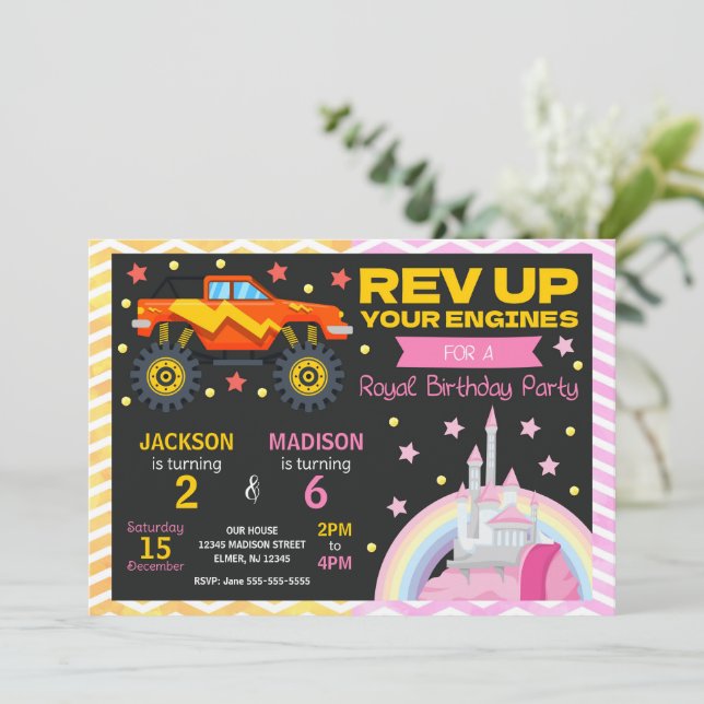 Invitación Monster Truck & Princess Joint Birthday Invitation (Anverso de pie)