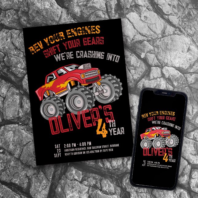 Invitación Monster Truck Rev Your Engines Birthday Party (Subido por el creador)
