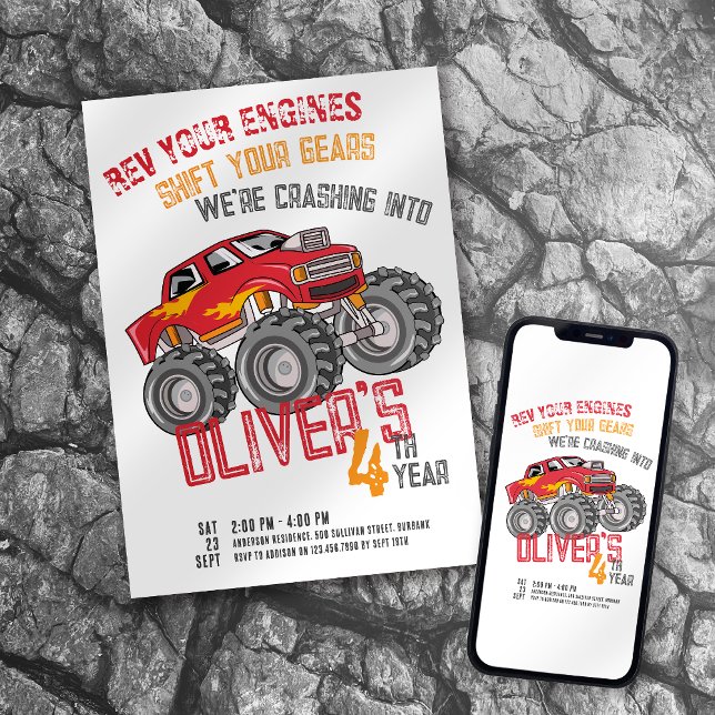 Invitación Monster Truck Rev Your Engines Birthday Party (Subido por el creador)