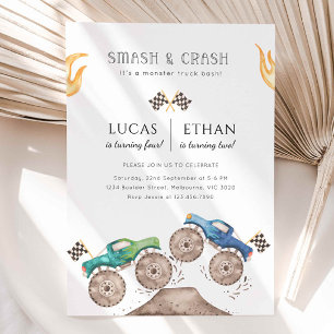 Invitación Monster Truck Siblings Partido del Cumpleaños Conj