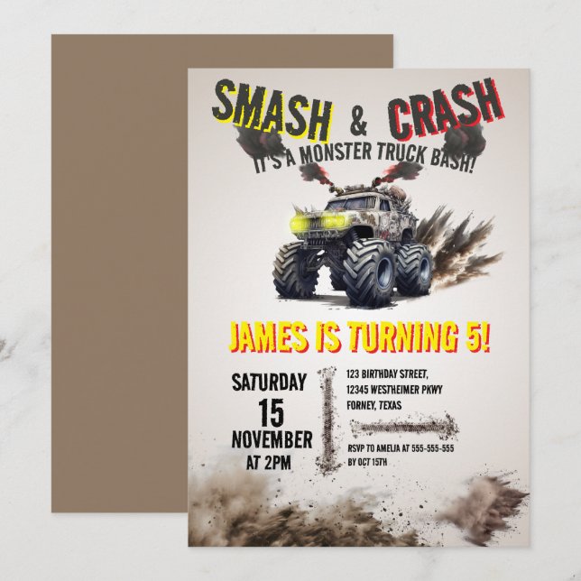 Invitación Monster Truck SMASH & CRASH Bash Fiesta de cumplea (Anverso / Reverso)