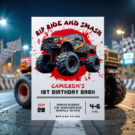 Invitación Monster Truck Smash Red Primer Fiesta de Cumpleaño