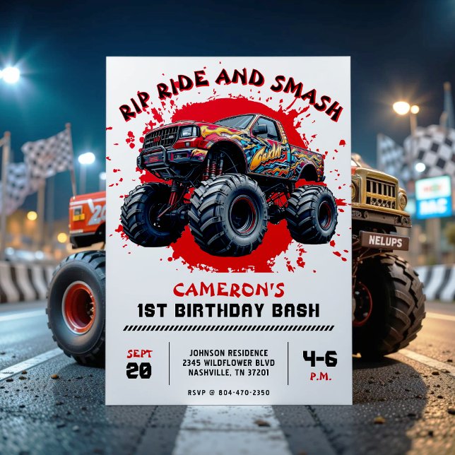 Invitación Monster Truck Smash Red Primer Fiesta de Cumpleaño (Monster Truck Smash Red 1st Birthday Party Invitation
)