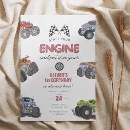 Invitación Monster truck, start your engine boy 1st birthday
