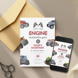 Invitación Monster truck, start your engine boy 4th birthday