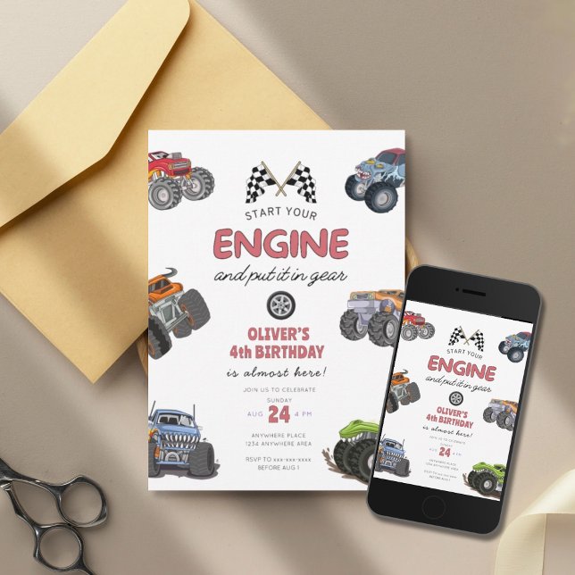 Invitación Monster truck, start your engine boy 4th birthday (Subido por el creador)