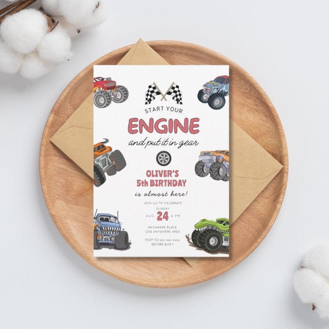 Invitación Monster truck, start your engine boy 5th birthday (Subido por el creador)