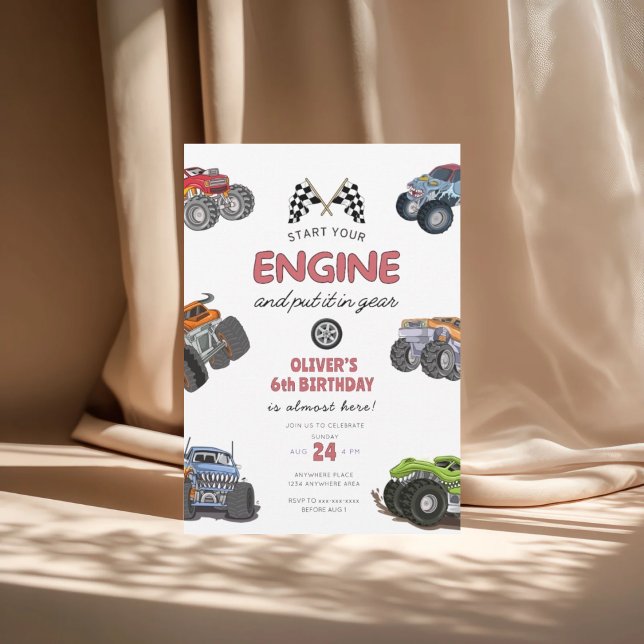 Invitación Monster truck, start your engine boy 6th birthday (Subido por el creador)
