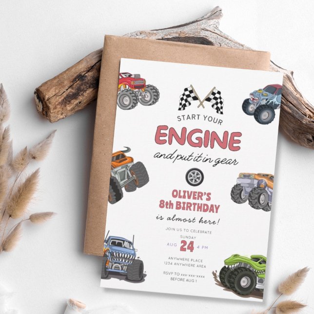 Invitación Monster truck, start your engine boy 8th birthday (Subido por el creador)