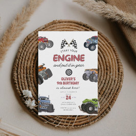 Invitación Monster truck, start your engine boy 9th birthday