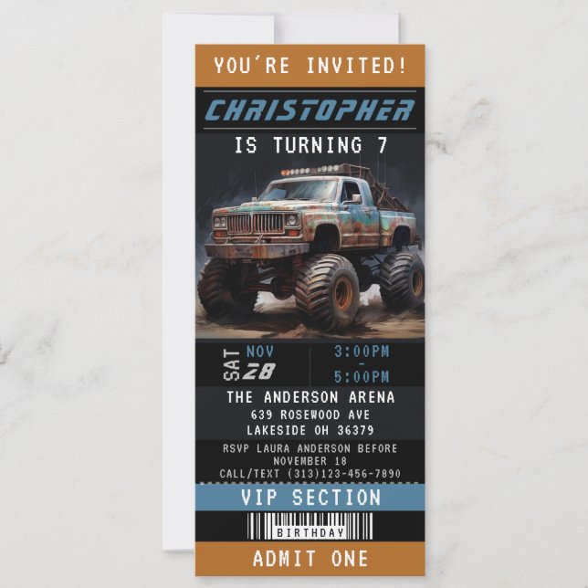 Invitación Monster Truck Ticket Party Birday Party (Anverso)