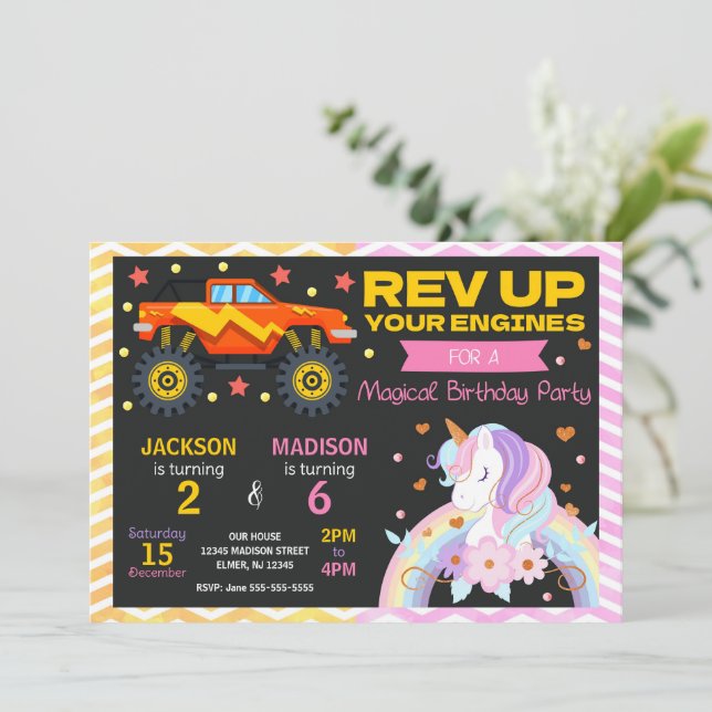 Invitación Monster Truck & Unicorn Joint Birthday Invitation (Anverso de pie)