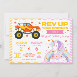 Invitación Monster Truck & Unicorn Joint Birthday Invitation