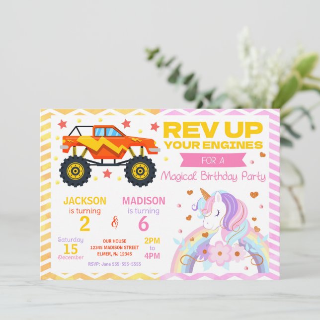 Invitación Monster Truck & Unicorn Joint Birthday Invitation (Anverso de pie)