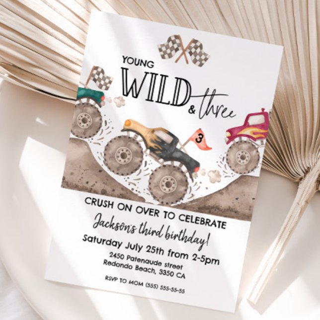Invitación Monster Truck YOUND WILD & THREE 3rd birthday kids (Young Wild and three monster truck birthday invitation)