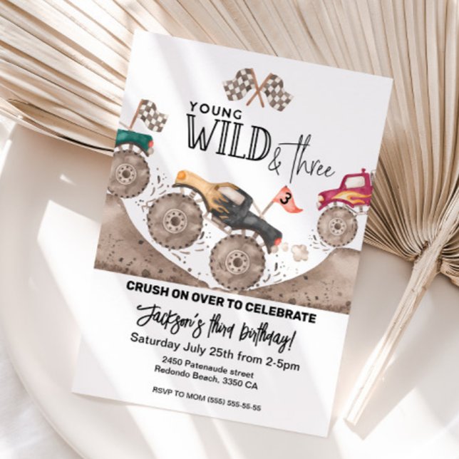 Invitación Monster Truck Young Wild Three Birthday . Invitaci (Monster truck Young wild and Three birthday invitation)