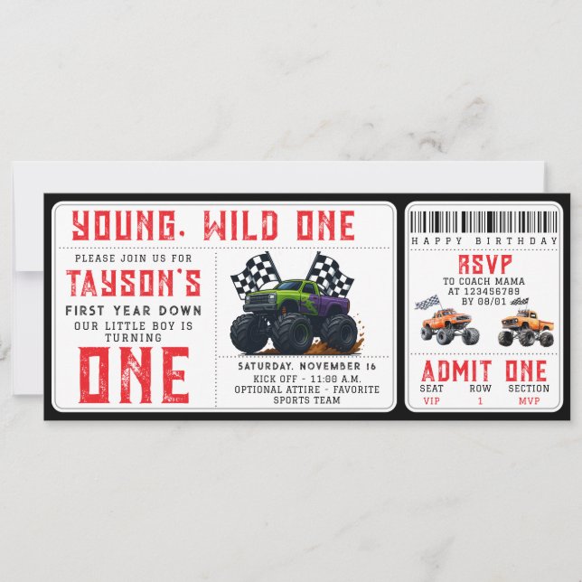 Invitación Monster Trucks 1st Birthday Ticket Invitation  (Anverso)