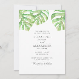 Invitación Monstera. Acuarela verde tropical para boda