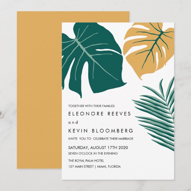 Invitación Monstera | Amarillo | Boda de hojas tropicales (Anverso / Reverso)