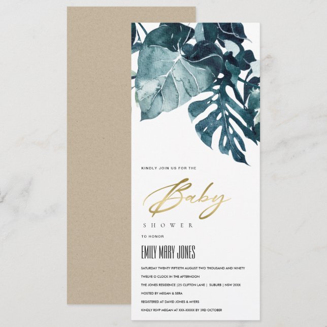 INVITACIÓN MONSTERA BABY SHOWER MODERNA FOLIAGE TROPICAL (Anverso / Reverso)