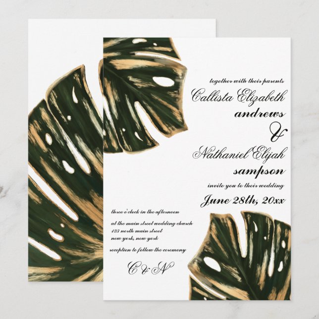 Invitación Monstera del oro verde tropical moderno deja Boda (Anverso / Reverso)