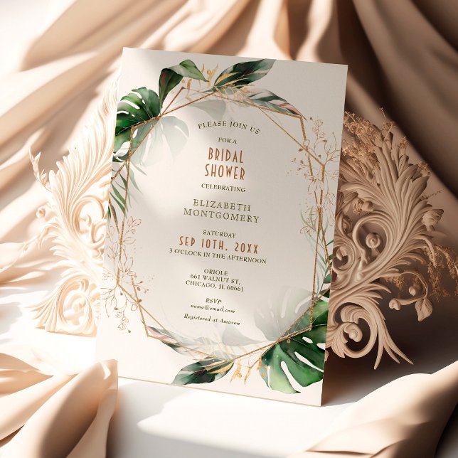 Invitación Monstera Gold & Green Bridal Shower Geométrica (Subido por el creador)