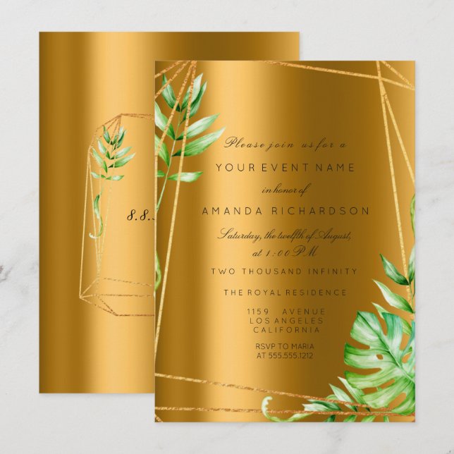Invitación Monstera Gold Marco Poligonal Verde Botánico Boda  (Anverso / Reverso)