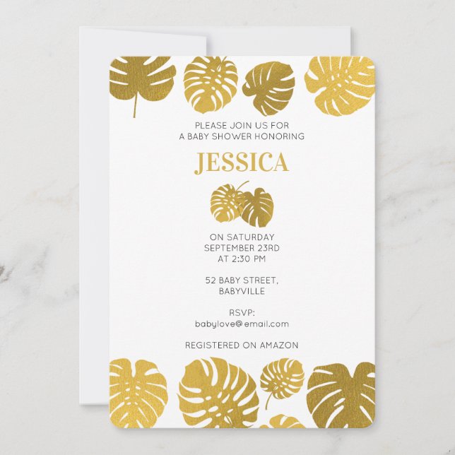 Invitación Monstera Gold moderna deja Baby Shower (Anverso)