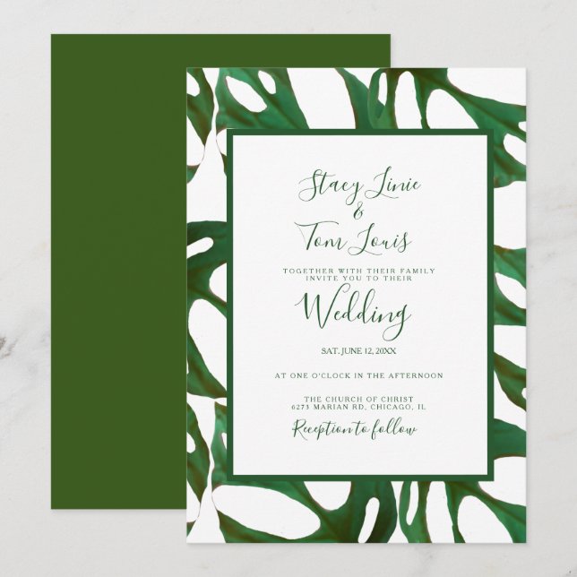 Invitación Monstera Hoja Botánica Verde Blanca Boda  (Anverso / Reverso)