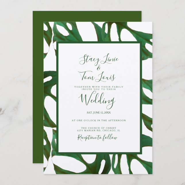 Invitación Monstera Hoja Botánica Verde Boda Brown (Anverso / Reverso)