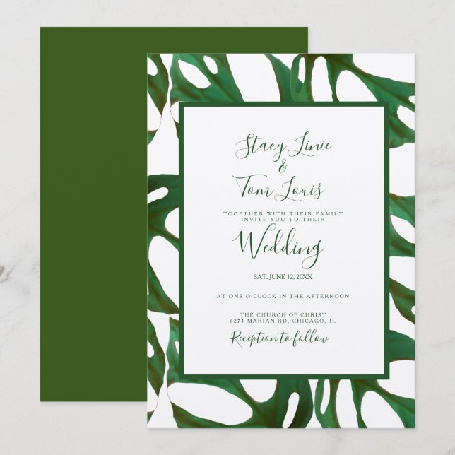 Invitación Monstera Hoja Botánica Verde Boda Marrón (Anverso / Reverso)