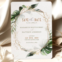 Monstera Save The Date Green & Gold Boda