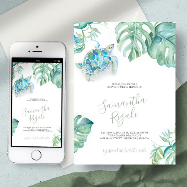 Invitación Monstera, tortuga tropical marina deja Baby Shower (Tropical baby shower invitation sea turtle virtual digital download art by Victoria Grigaliunas)