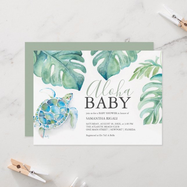 Invitación Monstera, tortuga tropical marina deja Baby Shower (Anverso/Reverso In Situ)