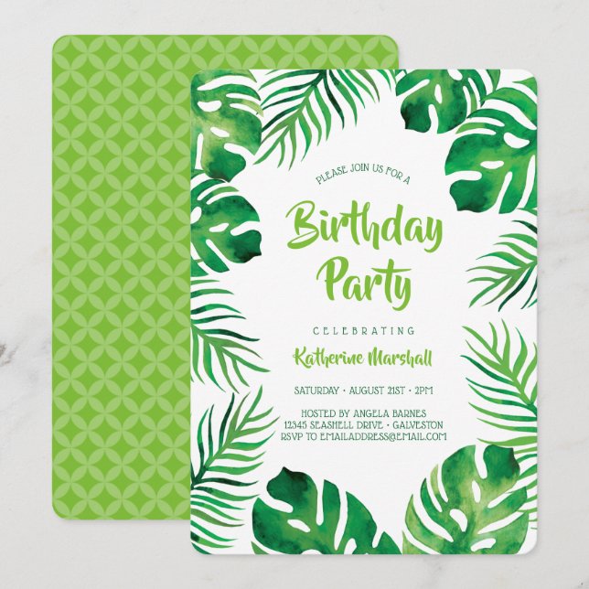 Invitación Monstera tropical deja fiesta de cumpleaños (Anverso / Reverso)