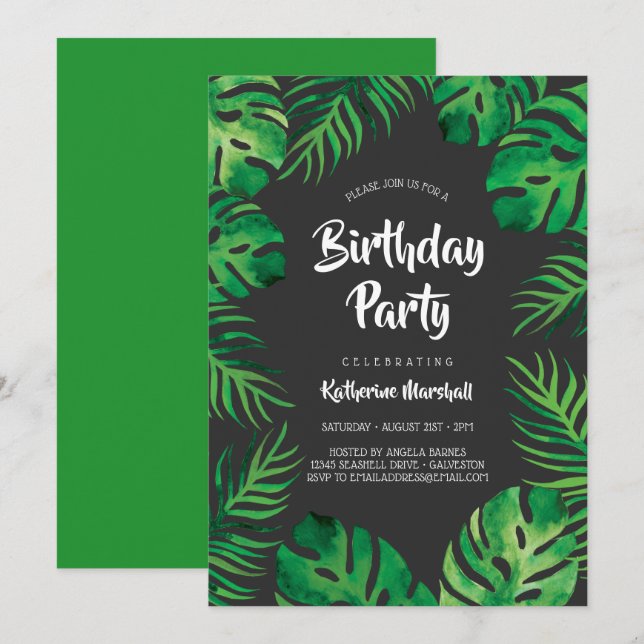 Invitación Monstera Tropical deja fiesta de cumpleaños 2 (Anverso / Reverso)