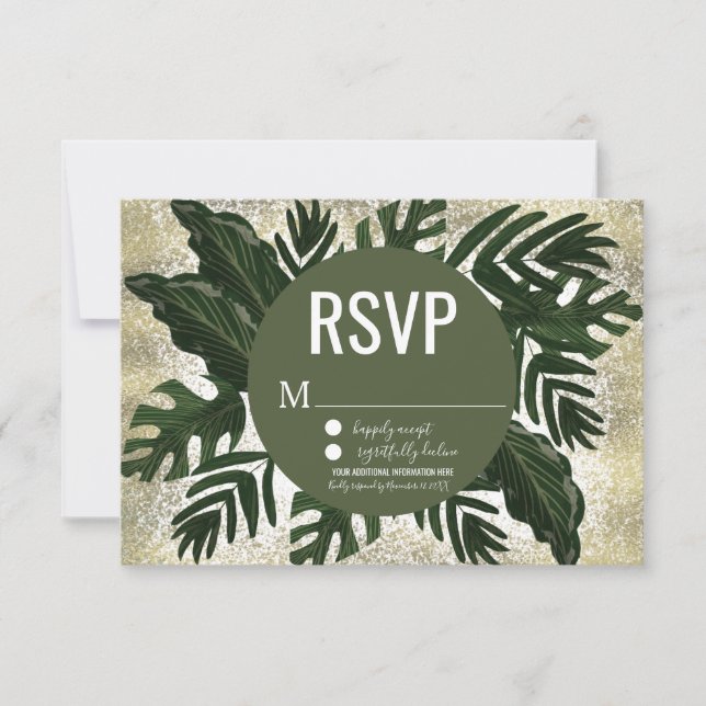 Invitación Monstera Tropical Falso Splash Dorado RSVP (Anverso)