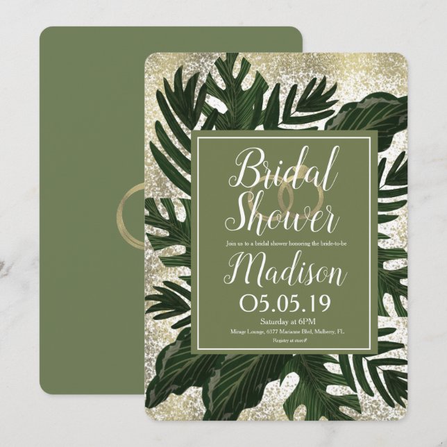 Invitación Monstera Tropical Faux Gold Splash Brillante Ducha (Anverso / Reverso)