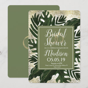 Invitación Monstera Tropical Faux Gold Splash Brillante Ducha