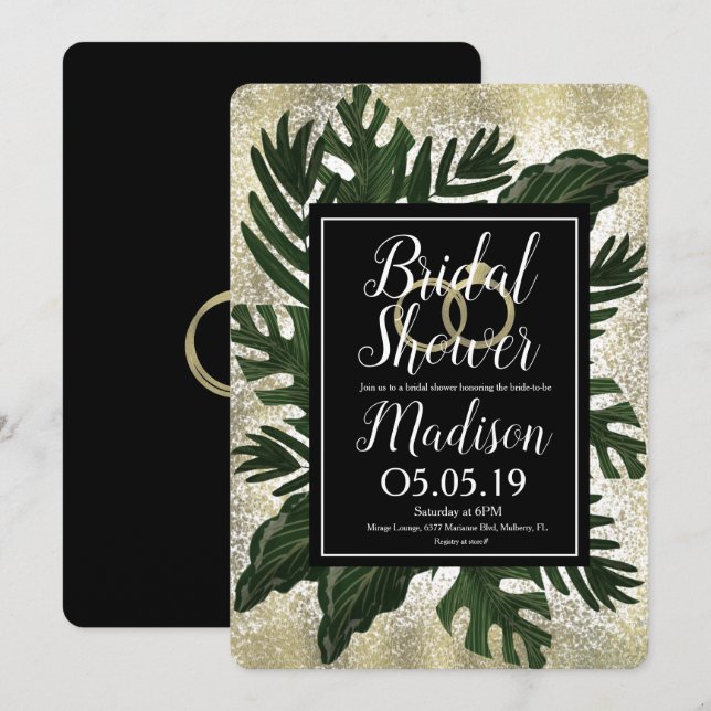 Invitación Monstera Tropical Faux Gold Splash Brillante Ducha (Anverso / Reverso)