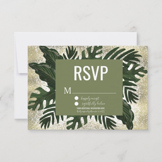 Invitación Monstera Tropical Faux Gold Splash RSVP (Anverso)