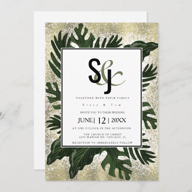 Invitación Monstera Tropical Faux Gold Splash Suite Boda (Anverso / Reverso)